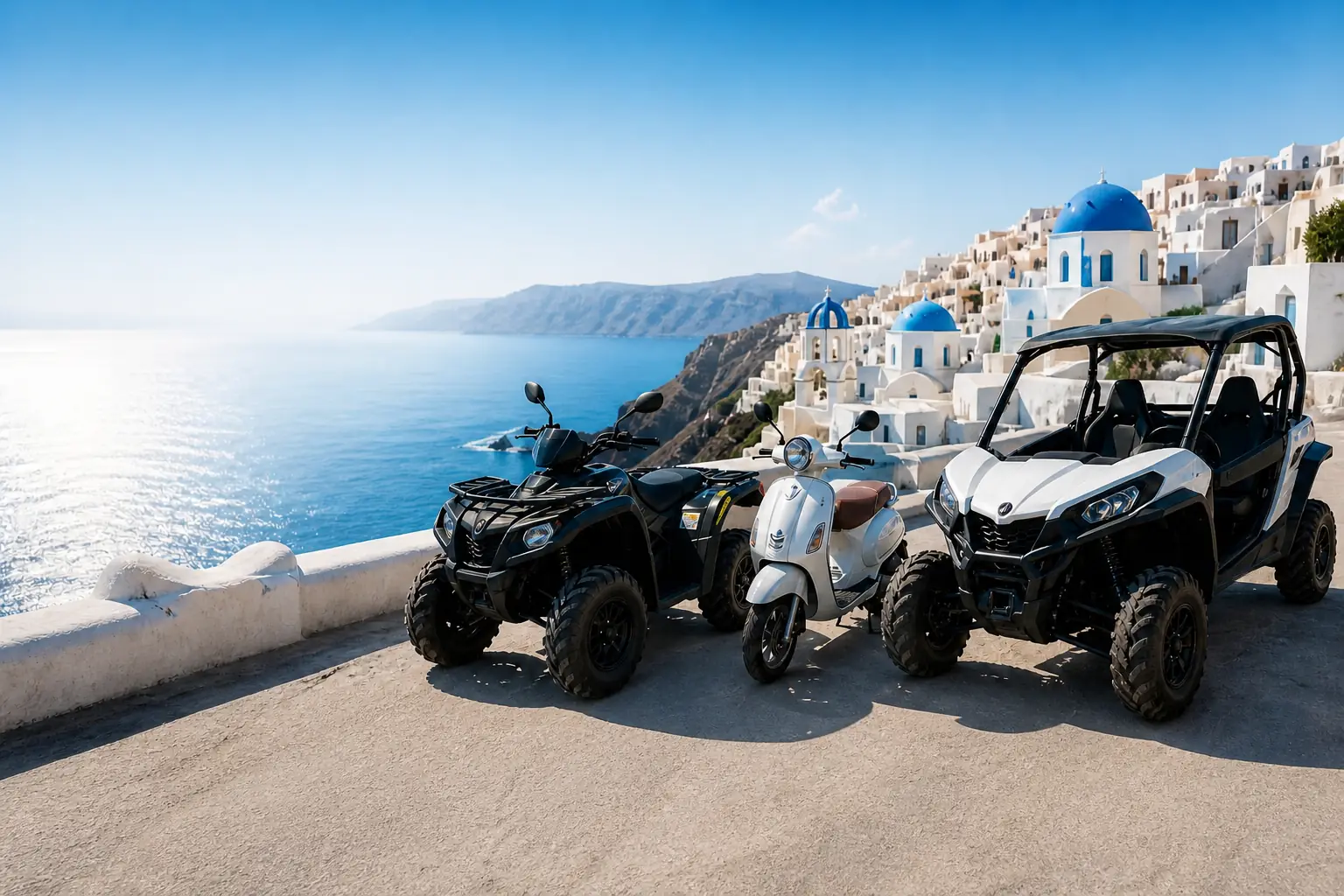 Modern ATV rental parked on a scenic road in Santorini overlooking the sea, checking quad bike tires for safety.