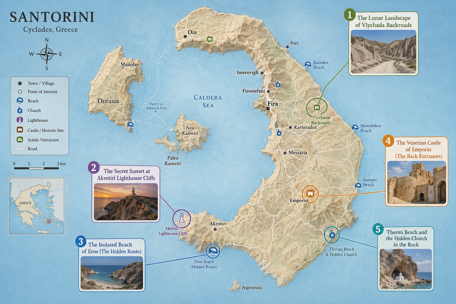 Map of the best hidden spots in Santorini to explore by ATV bike