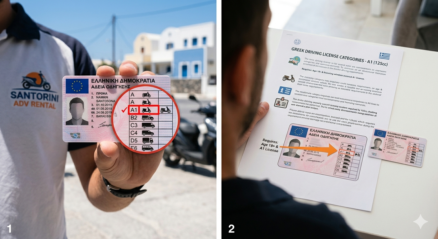 Guide on driving license requirements and A1 categories for renting a scooter or quad in Santorini.