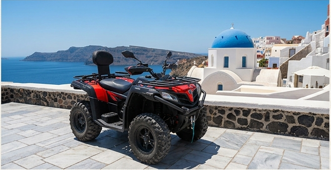 A rented ATV parked near the Three Bells of Fira overlooking the Santorini caldera.