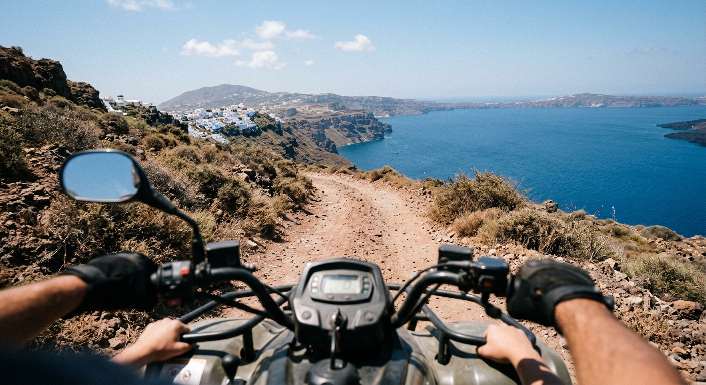 A close-up of a custom travel map mounted on a quad bike handlebar in Santorini
