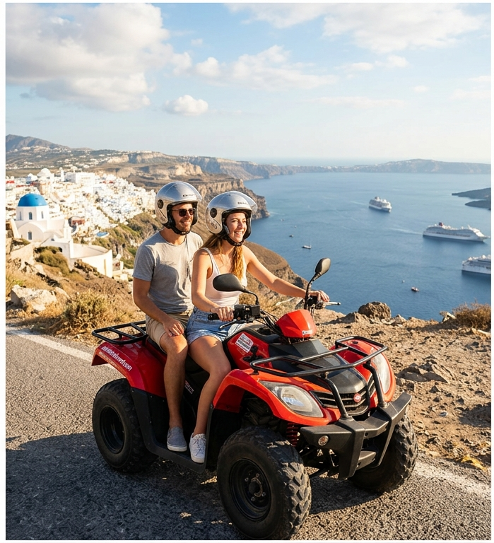 A young couple wearing protective helmets while riding a red rental quad bike on a scenic cliffside road overlooking the sea in Santorini.