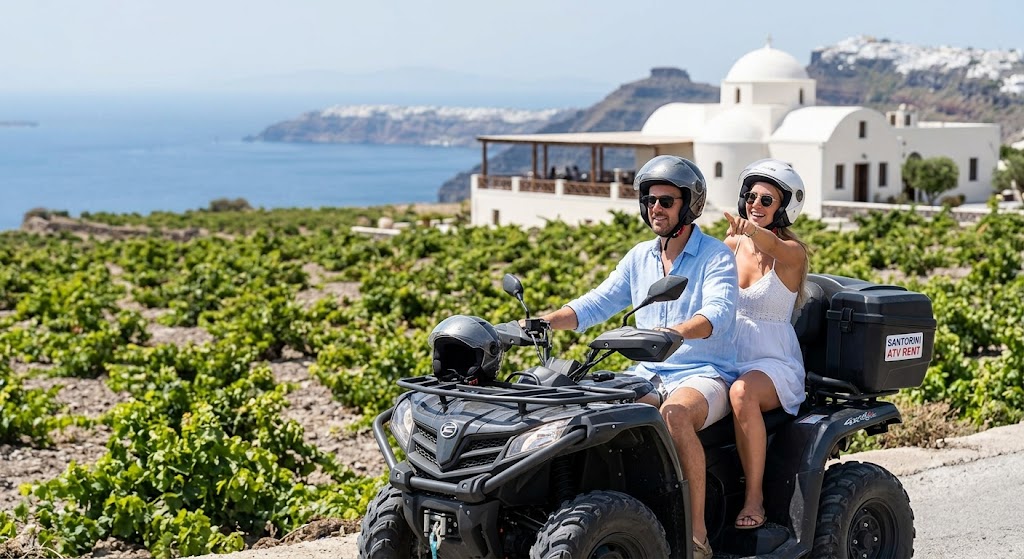 Two glasses of white Assyrtiko wine and a bottle on a wooden table overlooking the Oia sunset with a parked ATV
