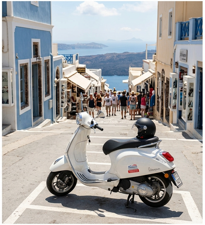 A white rental scooter with a black helmet on the seat, parked in a designated public parking space in Fira, Santorini, with blue buildings and the sea in the background.