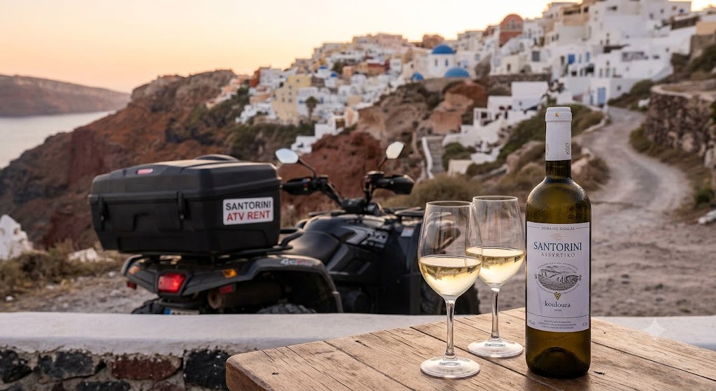 A couple riding a quad bike through Santorini vineyards with a traditional white church in the background