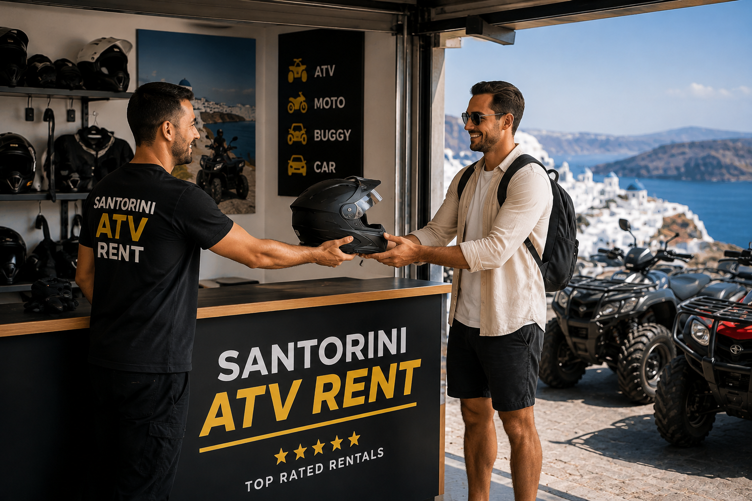 Santorini ATV Rent providing a helmet and safety equipment to an ATV rental customer