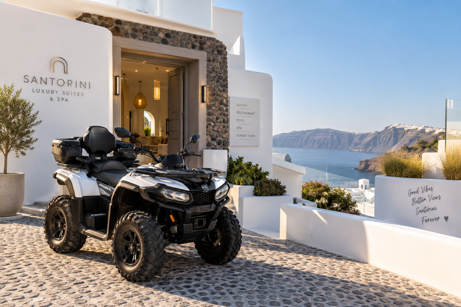 Santorini ATV rental delivered directly to a luxury hotel entrance
