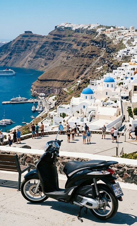 A white Piaggio scooter parked on a scenic road in Santorini overlooking blue domes and Caldera sea view.