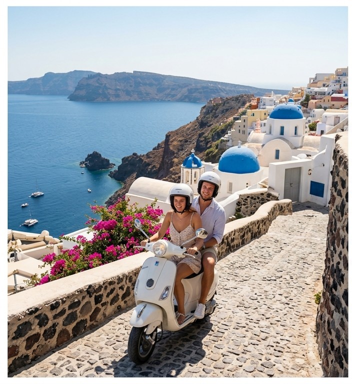 A scooter driving past heavy bus and traffic congestion on a main road in Fira Santorini.
