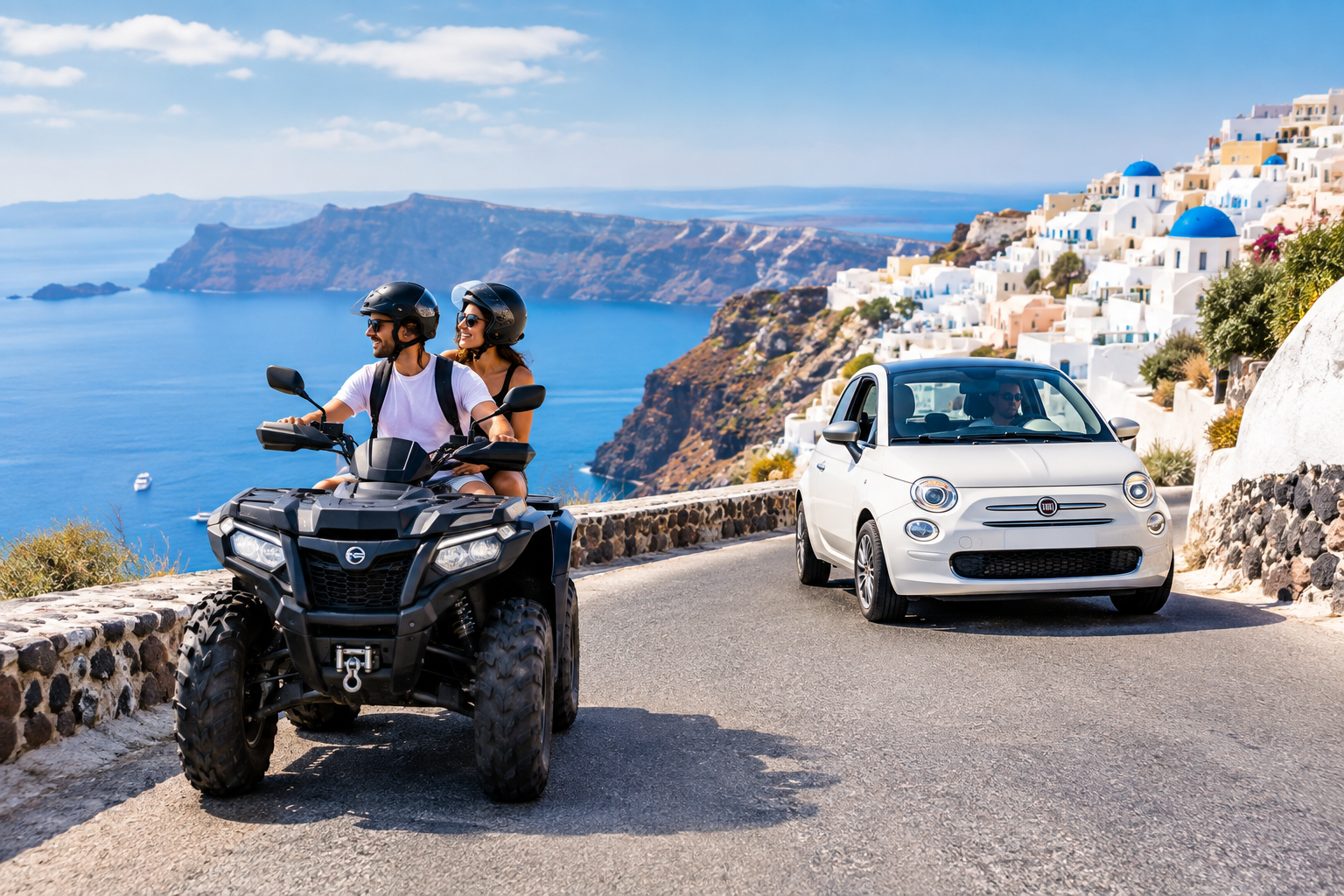 Car vs ATV in Santorini on a scenic road overlooking the caldera