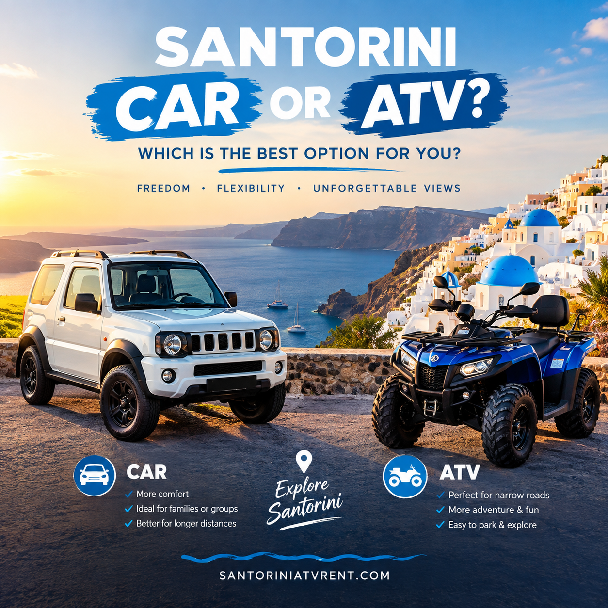 Santorini ATV rental and car comparison with a quad bike and car overlooking Santorini