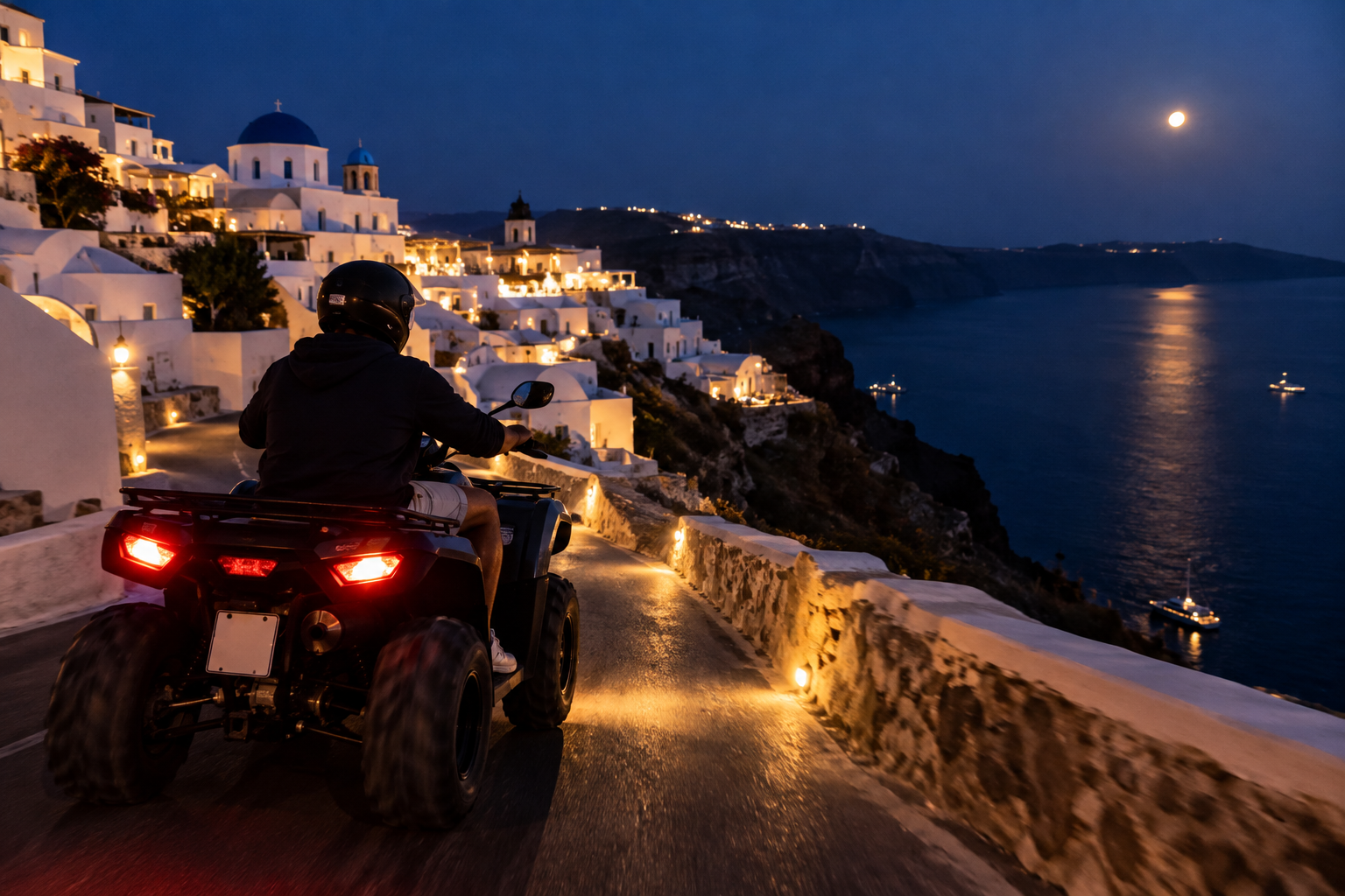Driving an ATV in Santorini at night - santoriniatvrent.com